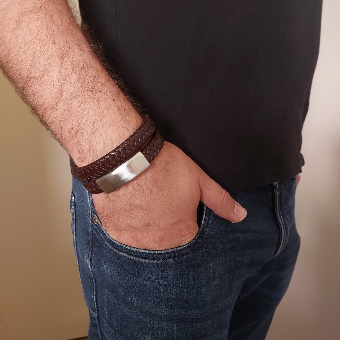 Men's Braided Leather Bracelet with Bar Slider