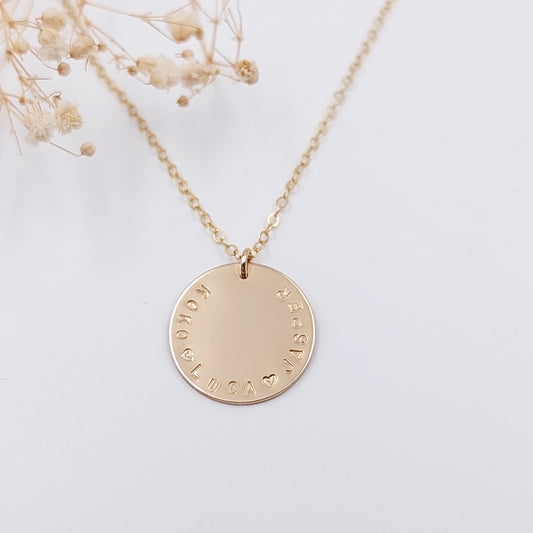 A large goldfilled disc on a dainty gold filled chain. Personalised necklace, handstamped jewellery, nzmade, personalised jewellery, mothers gift, grandmother gift, NZ Jewellery
