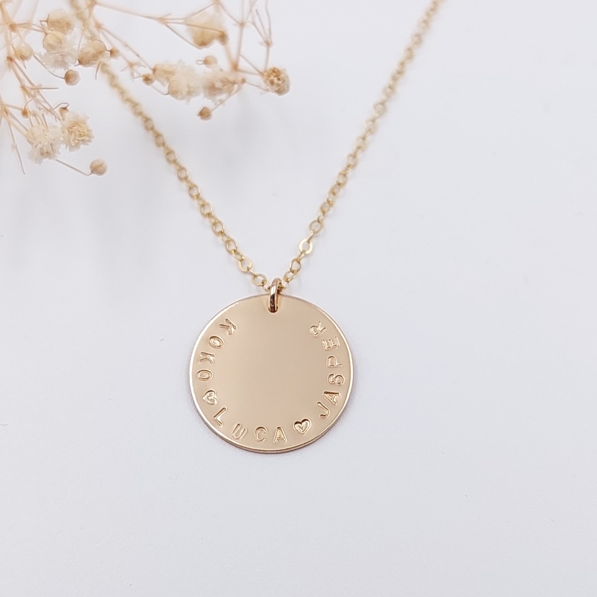 A large goldfilled disc on a dainty gold filled chain. Personalised necklace, handstamped jewellery, nzmade, personalised jewellery, mothers gift, grandmother gift, NZ Jewellery