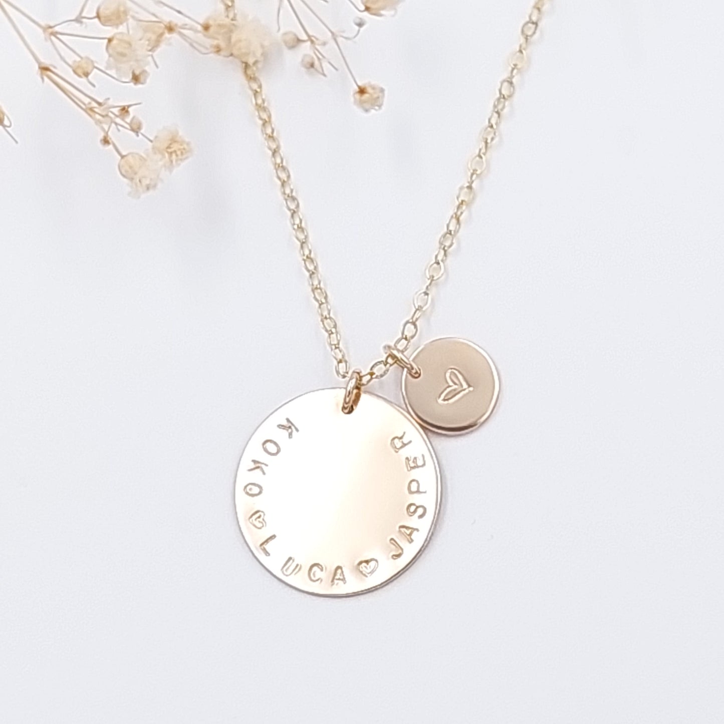 A large goldfilled disc with a smaller disc on a dainty gold filled chain. Personalised necklace, handstamped jewellery, nzmade, personalised jewellery, mothers gift, grandmother gift, NZ Jewellery