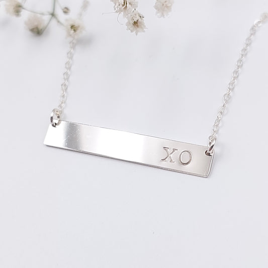 Pre-Stamped Sterling Silver Hugs & Kisses Bar Necklace- Typewriter Font