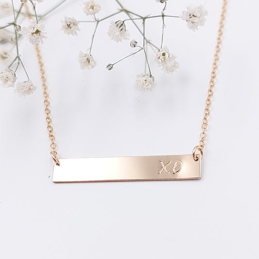 Pre-Stamped 14k Gold Filled Hugs & Kisses Bar Necklace- Handwritten Font