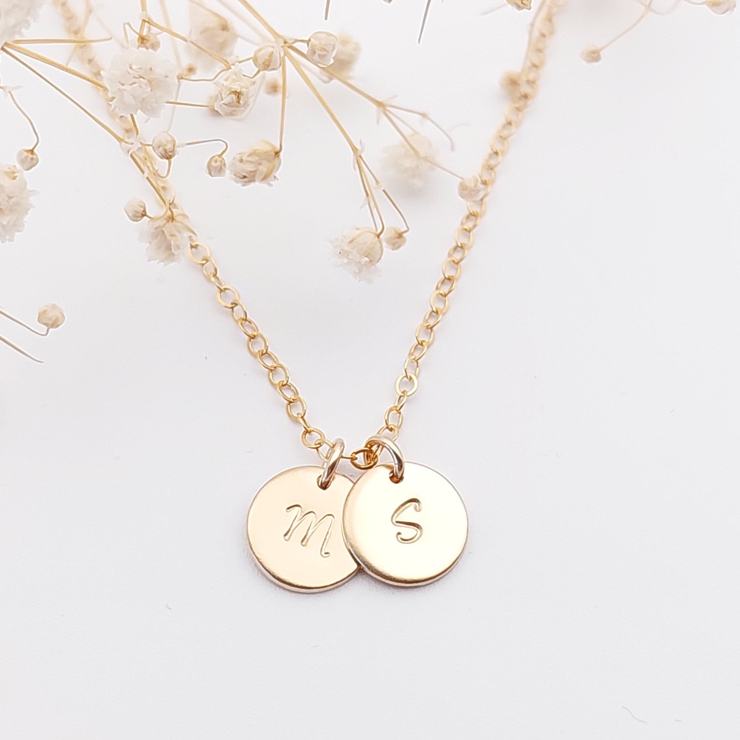 Personalised hand stamped necklace with 2 initials. Personalised Jewellery, hand stamped jewellery. Made in NZ. Sterling Silver, 14k Gold Filled and 14k Rose Gold Filled. Personalised Gift for mother, friend, grandmother, wife