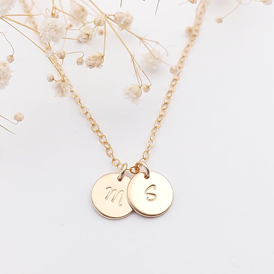 Personalised hand stamped necklace with 2 initials. Personalised Jewellery, hand stamped jewellery. Made in NZ. Sterling Silver, 14k Gold Filled and 14k Rose Gold Filled. Personalised Gift for mother, friend, grandmother, wife