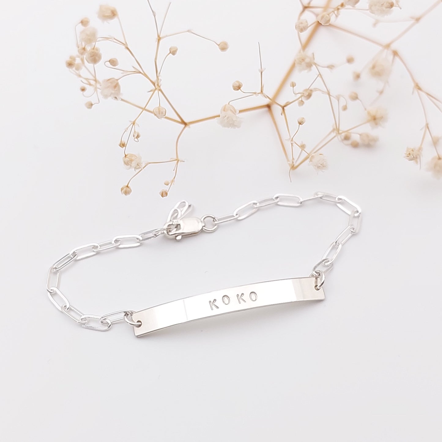 Personalised childs bracelet, hand stamped bracelet, meaningful jewellery, personalised jewellery nz, name bracelet, name bar link bracelet. Made in NZ, NZ Jewellery