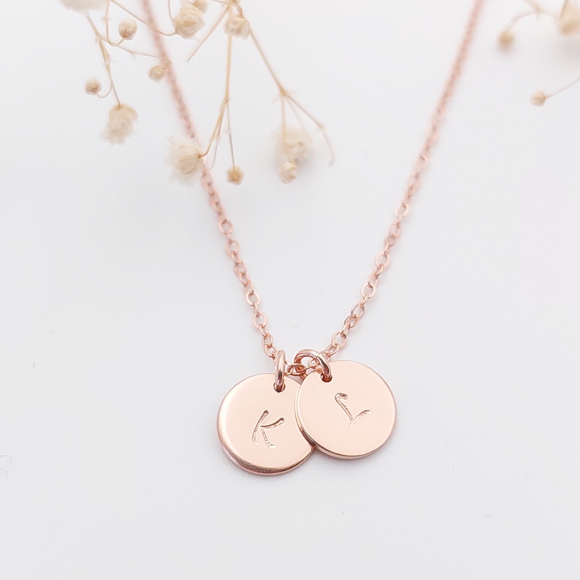 Personalised hand stamped necklace with 2 initials. Personalised Jewellery, hand stamped jewellery. Made in NZ. Sterling Silver, 14k Gold Filled and 14k Rose Gold Filled. Personalised Gif for mother, friend, grandmother, wife