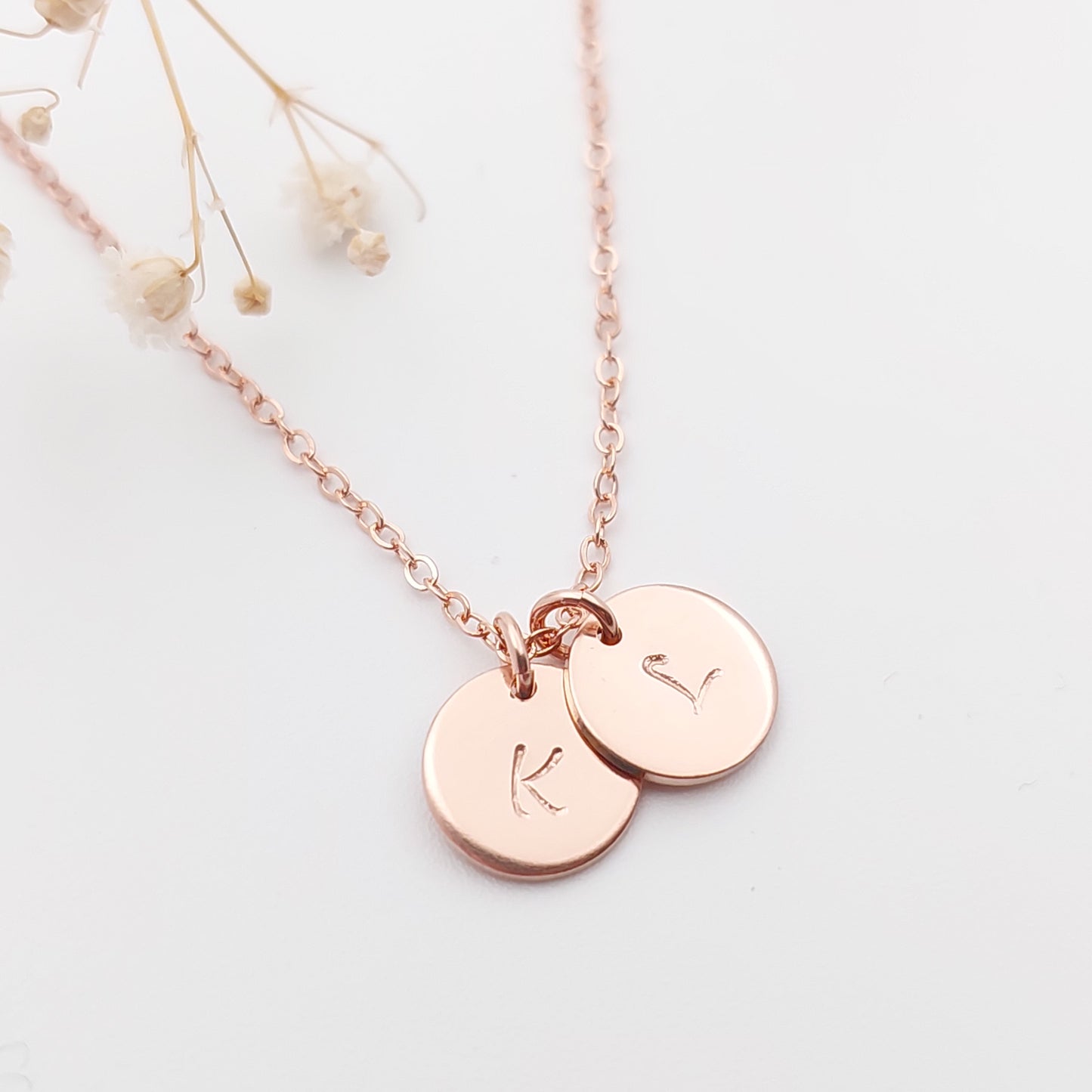 Personalised hand stamped necklace with 2 initials. Personalised Jewellery, hand stamped jewellery. Made in NZ. Sterling Silver, 14k Gold Filled and 14k Rose Gold Filled. Personalised Gif for mother, friend, grandmother, wife