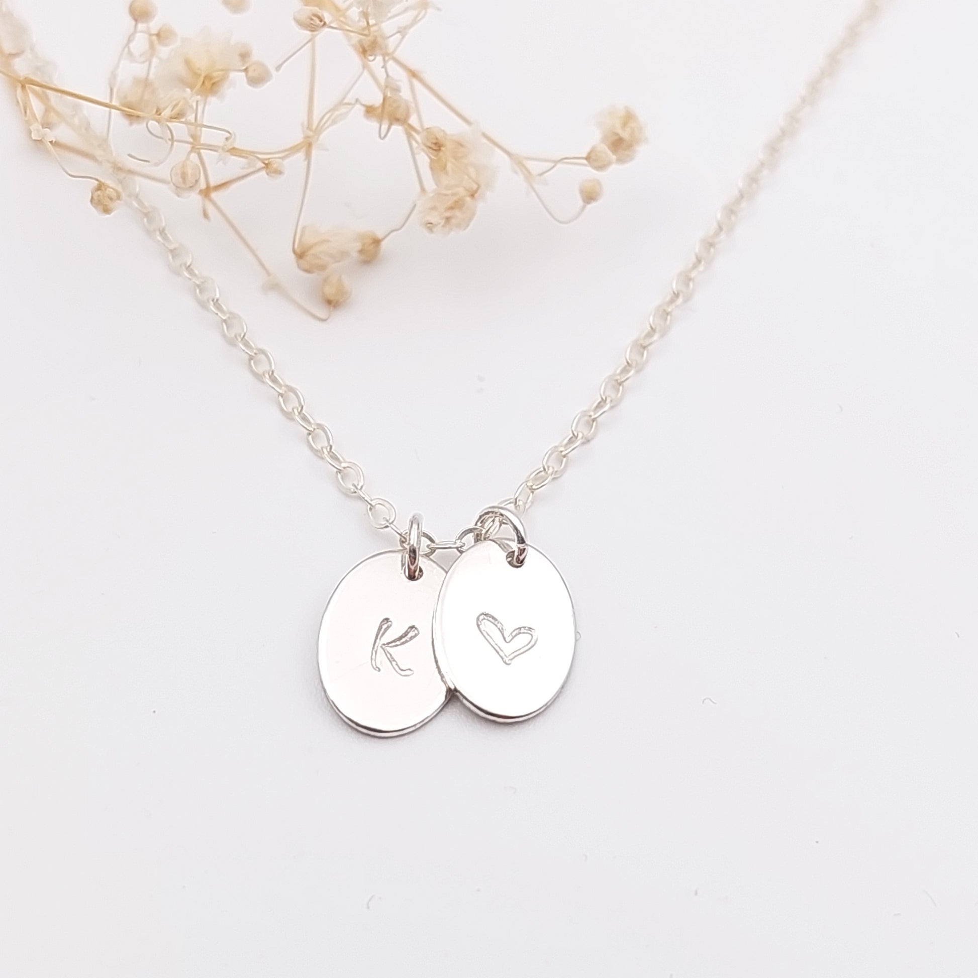 Personalised hand stamped necklace with 2 initials. Personalised Jewellery, hand stamped jewellery. Made in NZ. Sterling Silver, 14k Gold Filled and 14k Rose Gold Filled. Personalised Gif for mother, friend, grandmother, wife