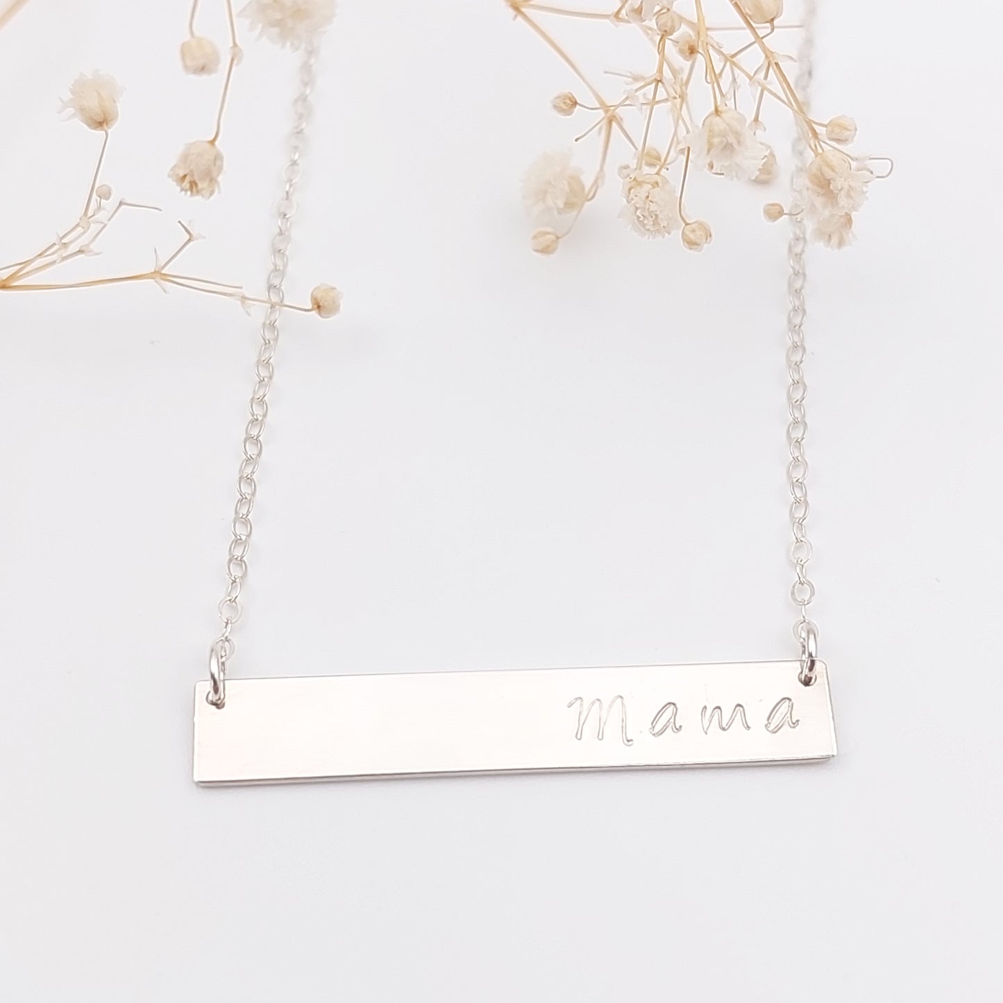 Personalised Bar Necklace, hand stamped necklace. Personalsied Jewellery. Mama hand stamped onto a sterling silver bar. Available in 14k Gold Fill and 14k Rose Gold Fill. Made in NZ. Mothers necklace, mama necklace, baby shower necklace, mothers gift, mama gift