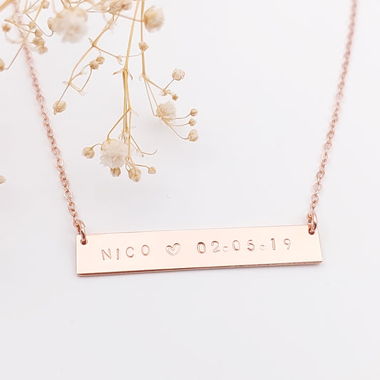 Personalised necklace with a name and date hand stamped onto it. Sterling Silver, gold filled. Personalised Hand Stamped jewellery, made in New Zealand nz. Personalised Bar necklace, name neclace, date necklace, initial necklace
